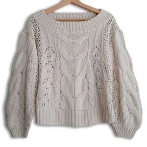 CLOTH by RD Cable Knit Scoop Neck Pullover Knit Sweater Puff Sleeve White Sz XS